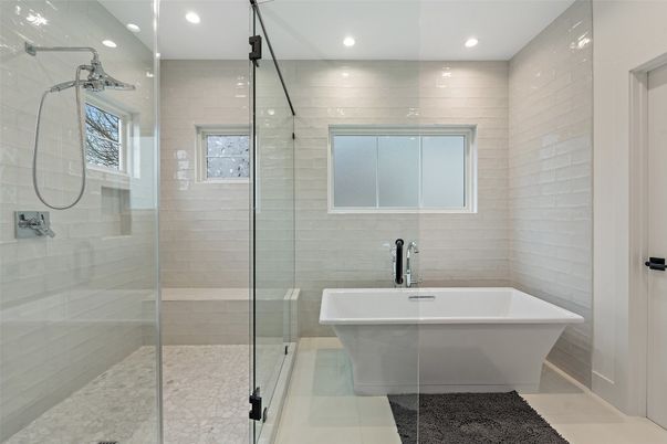 Bathroom, Free Standing Baths, Glass Shower, Interior, Recessed Lighting