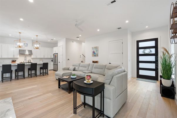 Interior, Kitchen, Living room, Pendant Lights, Recessed Lighting, Stainless Steel Appliances, Wood Texture Flooring