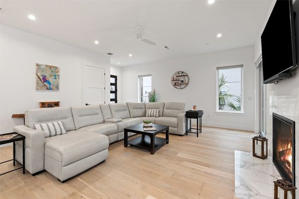 Fireplace, Interior, Living room, Recessed Lighting, Wood Texture Flooring