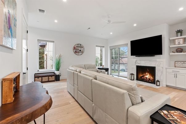 Fireplace, Interior, Living room, Recessed Lighting, Wood Texture Flooring