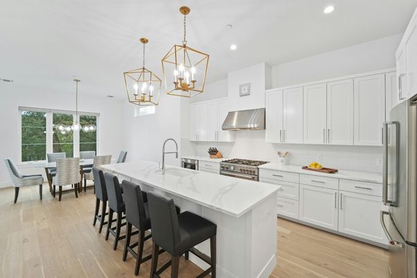 Dining room, Interior, Kitchen, Pendant Lights, Recessed Lighting, Stainless Steel Appliances, Wood Texture Flooring