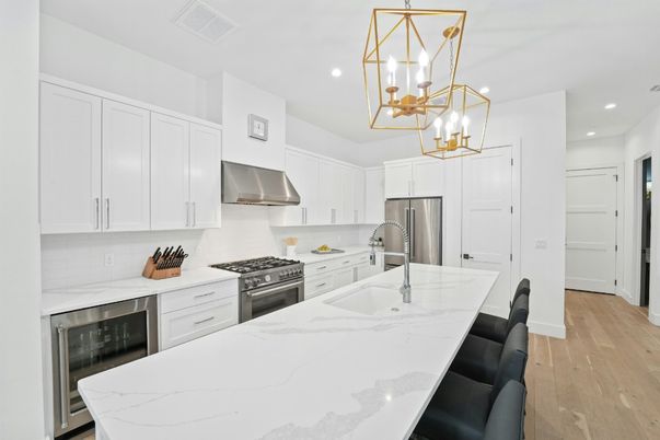 Interior, Kitchen, Pendant Lights, Recessed Lighting, Stainless Steel Appliances, Wood Texture Flooring