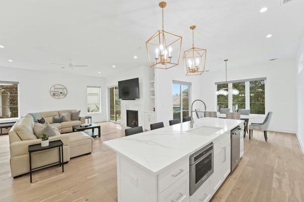Dining room, Fireplace, Interior, Kitchen, Living room, Pendant Lights, Recessed Lighting, Wood Texture Flooring