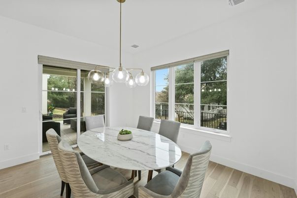 Dining room, Interior, Pendant Lights, Wood Texture Flooring