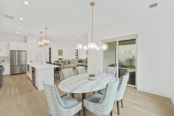 Dining room, Interior, Kitchen, Living room, Pendant Lights, Recessed Lighting, Stainless Steel Appliances, Wood Texture Flooring