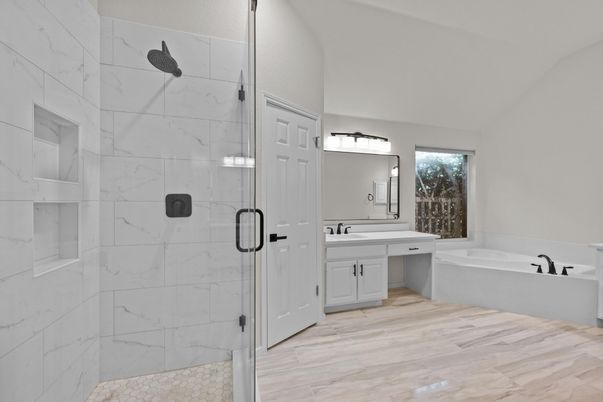 Bathroom, Dual Sink Vanities, Glass Shower, Interior, Marble Walls