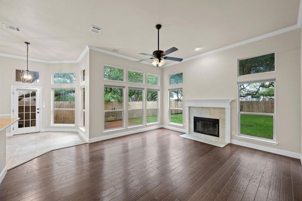 Empty room, Fireplace, Interior, Pendant Lights, Recessed Lighting, Wood Texture Flooring
