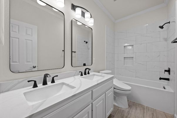 Bathroom, Dual Sink Vanities, Interior, Marble Walls, Wood Texture Flooring