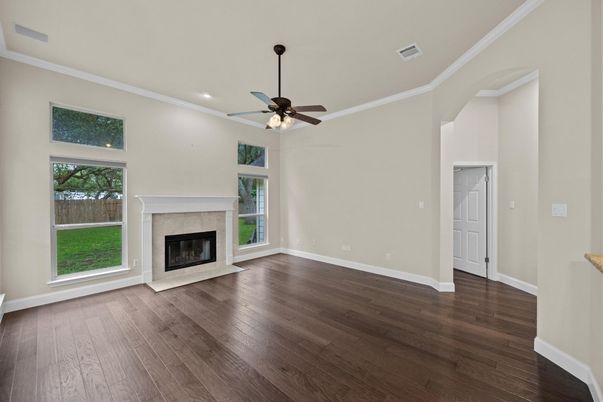Empty room, Fireplace, Interior, Recessed Lighting, Wood Texture Flooring