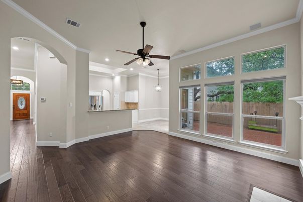 Empty room, Interior, Pendant Lights, Recessed Lighting, Wood Texture Flooring