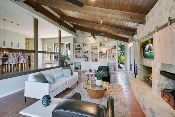 Fireplace, Interior, Living room, Pendant Lights, Stone Walls, Wooden Beams, Wooden Ceilings