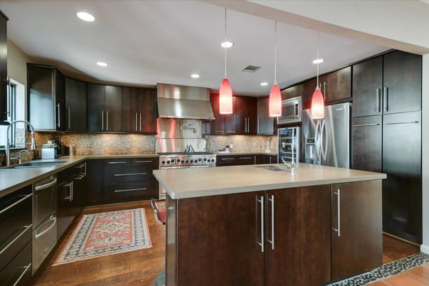 Interior, Kitchen, Pendant Lights, Recessed Lighting, Stainless Steel Appliances, Wood Texture Flooring