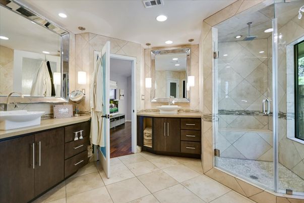 Bathroom, Dual Sink Vanities, Glass Shower, Interior, Recessed Lighting, Wood Texture Flooring