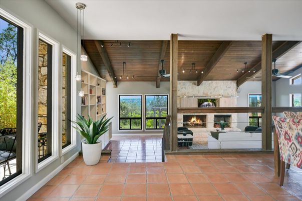 Fireplace, Interior, Living room, Pendant Lights, Stone Walls, Wooden Beams, Wooden Ceilings