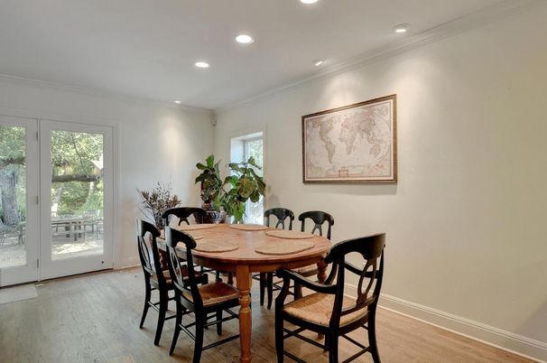 Dining room, Interior, Recessed Lighting, Wood Texture Flooring