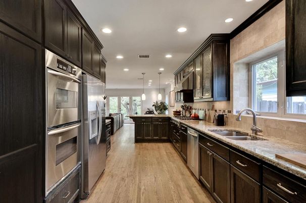 Interior, Kitchen, Pendant Lights, Recessed Lighting, Stainless Steel Appliances, Wood Texture Flooring