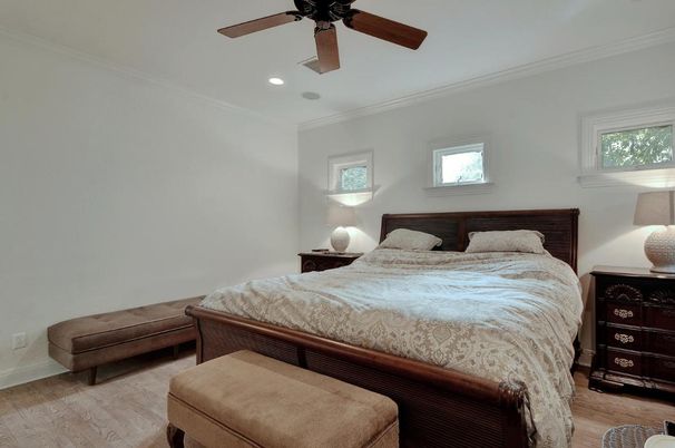 Bedroom, Interior, Recessed Lighting, Wood Texture Flooring