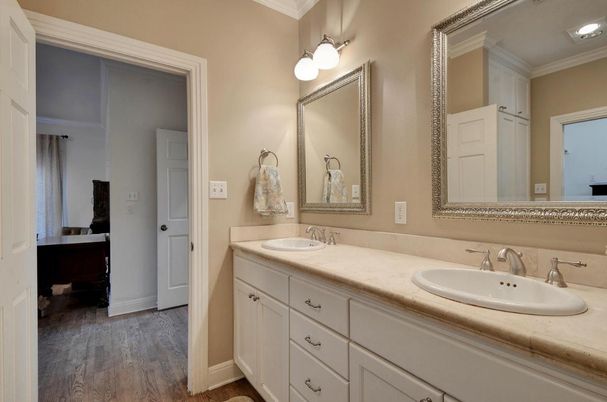 Bathroom, Dual Sink Vanities, Interior, Tile Countertops, Wood Texture Flooring