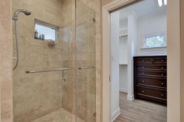 Bathroom, Glass Shower, Interior, Wood Texture Flooring