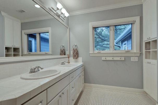 Bathroom, Dual Sink Vanities, Interior, Recessed Lighting, Tile Countertops