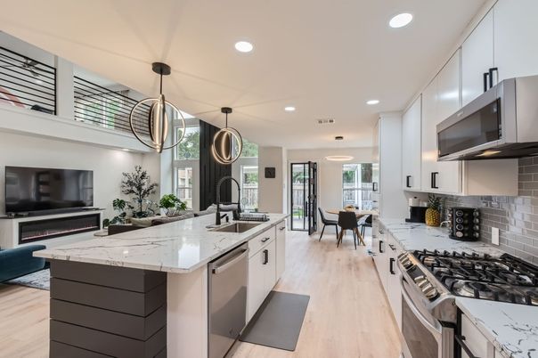Dining room, Interior, Kitchen, Living room, Pendant Lights, Recessed Lighting, Stainless Steel Appliances, Wood Texture Flooring