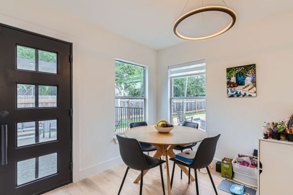 Dining room, Interior, Pendant Lights, Wood Texture Flooring