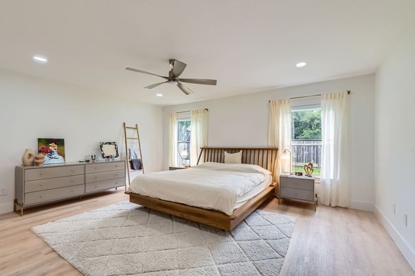 Bedroom, Interior, Recessed Lighting, Wood Texture Flooring