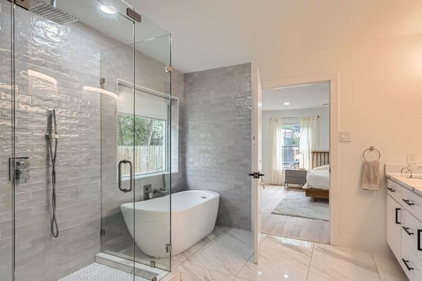 Bathroom, Free Standing Baths, Glass Shower, Interior, Marble, Recessed Lighting, Wood Texture Flooring
