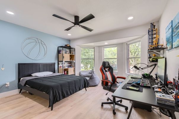 Bedroom, Home Office, Interior, Recessed Lighting, Wood Texture Flooring