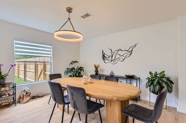 Dining room, Interior, Pendant Lights, Wood Texture Flooring