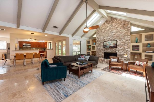 Dining room, Fireplace, Interior, Kitchen, Living room, Recessed Lighting, Stone Walls