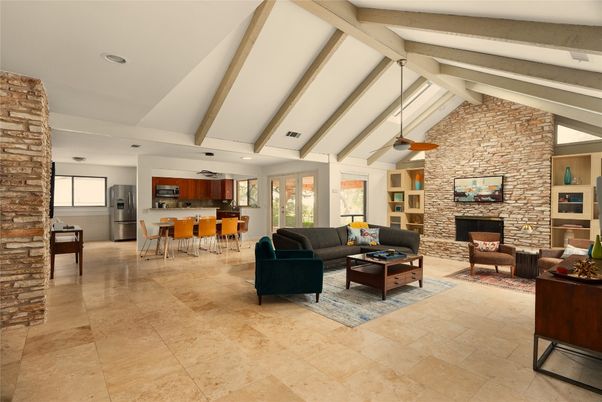 Dining room, Fireplace, Interior, Kitchen, Living room, Pendant Lights, Recessed Lighting, Stone Walls, Wooden Beams