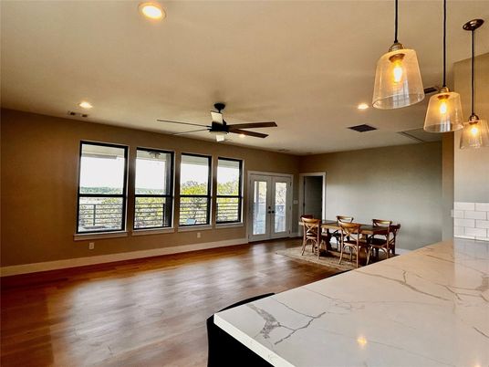 Dining room, Interior, Pendant Lights, Recessed Lighting, Wood Texture Flooring