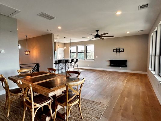 Dining room, Interior, Pendant Lights, Recessed Lighting, Wood Texture Flooring