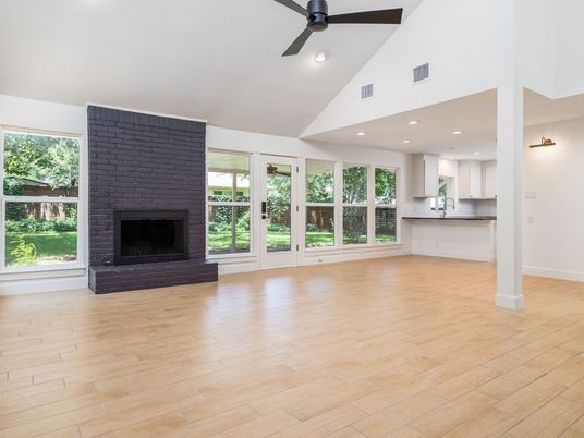 Empty room, Fireplace, Interior, Kitchen, Recessed Lighting, Wood Texture Flooring