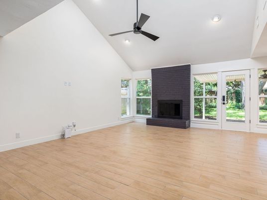 Empty room, Fireplace, Interior, Recessed Lighting, Wood Texture Flooring