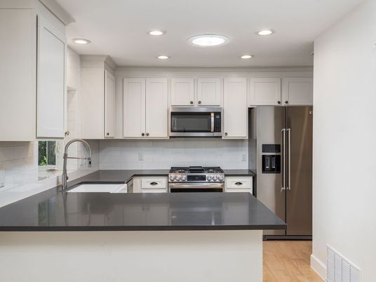 Interior, Kitchen, Recessed Lighting, Stainless Steel Appliances, Wood Texture Flooring