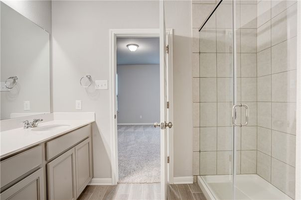 Bathroom, Glass Shower, Interior, Wood Texture Flooring