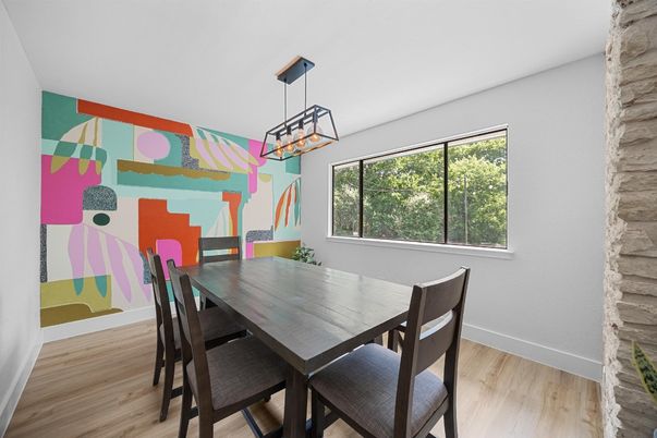 Dining room, Interior, Pendant Lights, Wood Texture Flooring