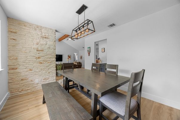 Dining room, Interior, Pendant Lights, Stone Walls, Wood Texture Flooring