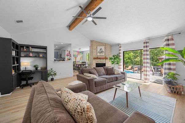 Fireplace, Interior, Living room, Recessed Lighting, Stone Walls, Wooden Beams, Wood Texture Flooring