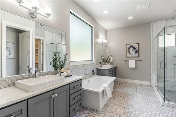 Bathroom, Dual Sink Vanities, Glass Shower, Interior, Recessed Lighting