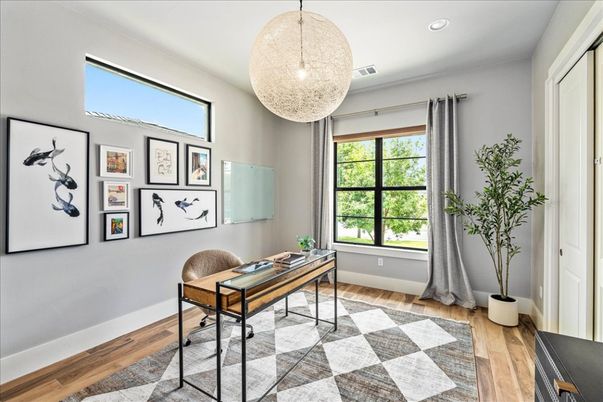 Home Office, Interior, Pendant Lights, Recessed Lighting, Wood Texture Flooring