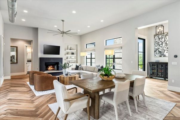 Dining room, Fireplace, Interior, Living room, Pendant Lights, Recessed Lighting, Wood Texture Flooring