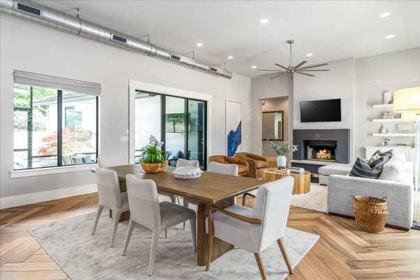 Dining room, Fireplace, Interior, Living room, Pendant Lights, Recessed Lighting, Wood Texture Flooring