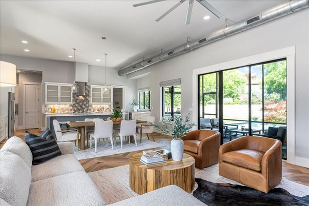 Dining room, Interior, Living room, Pendant Lights, Recessed Lighting, Wood Texture Flooring