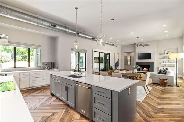 Dining room, Fireplace, Interior, Kitchen, Living room, Pendant Lights, Recessed Lighting, Stainless Steel Appliances, Wood Texture Flooring