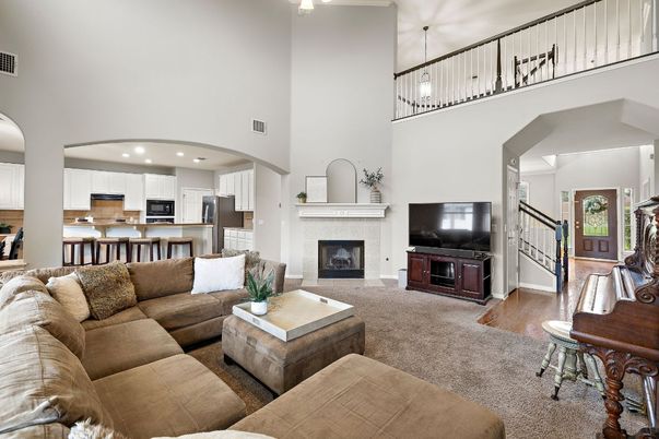 Dining room, Fireplace, Interior, Kitchen, Living room, Pendant Lights, Recessed Lighting, Wood Texture Flooring