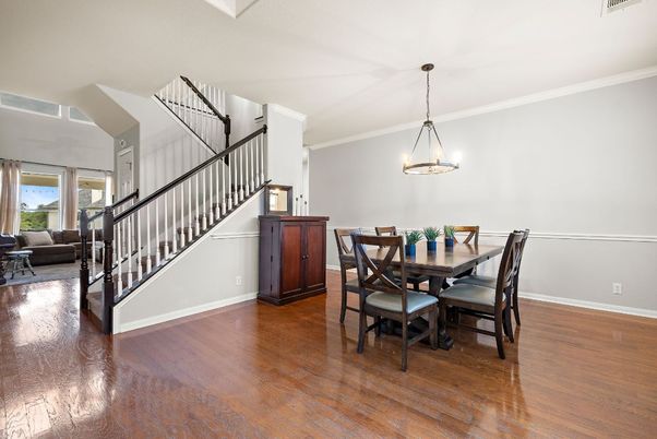 Dining room, Interior, Pendant Lights, Wood Texture Flooring