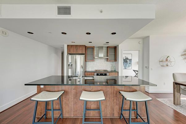 Interior, Kitchen, Recessed Lighting, Stainless Steel Appliances, Wood Texture Flooring